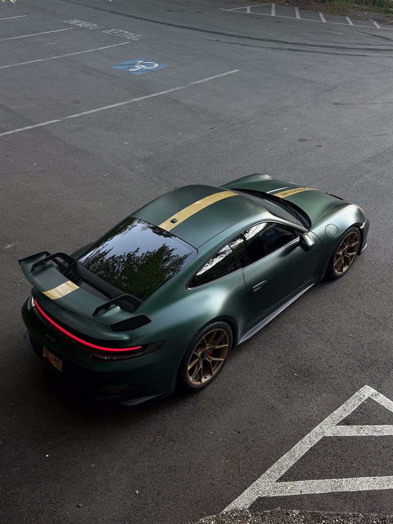 Green Porsche 911 GT3, overhead, deep gloss
